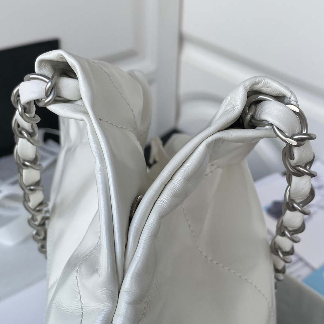 Chanel 22 Handbag Shiny Calfskin Gold AS3261 White with Silver Logo