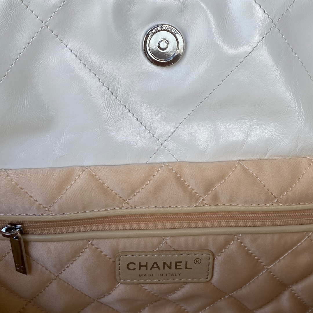 Chanel 22 Handbag Shiny Calfskin Gold AS3261 White with Silver Logo - Default Title - View 8