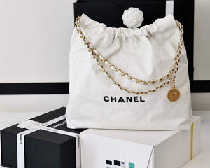 Chanel 22 Handbag Shiny Calfskin Gold AS3261 White with Black logo - Default Title - View 4