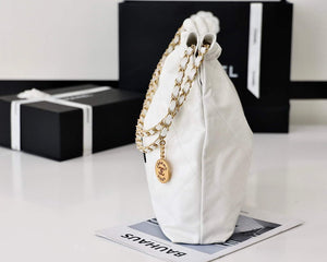 Chanel 22 Handbag Shiny Calfskin Gold AS3261 White with Black logo - Default Title - View 6
