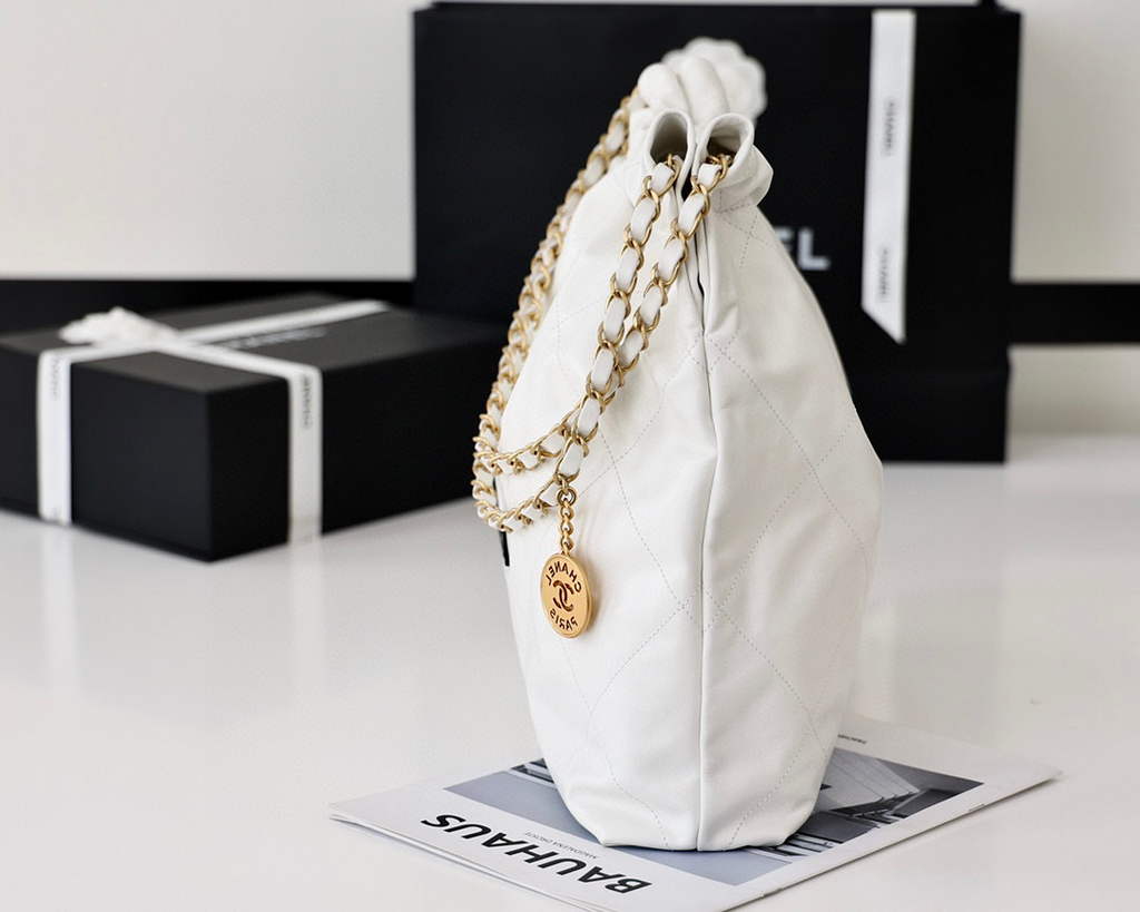 Chanel 22 Handbag Shiny Calfskin Gold AS3261 White with Black logo