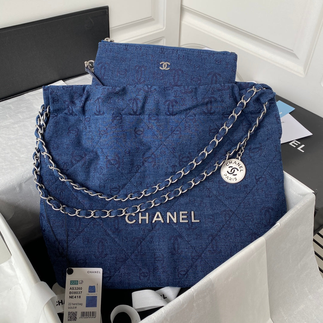 Chanel 22 Handbag Silver-Tone Metal Canvas AS3260 Blue denim - Default Title - View 1