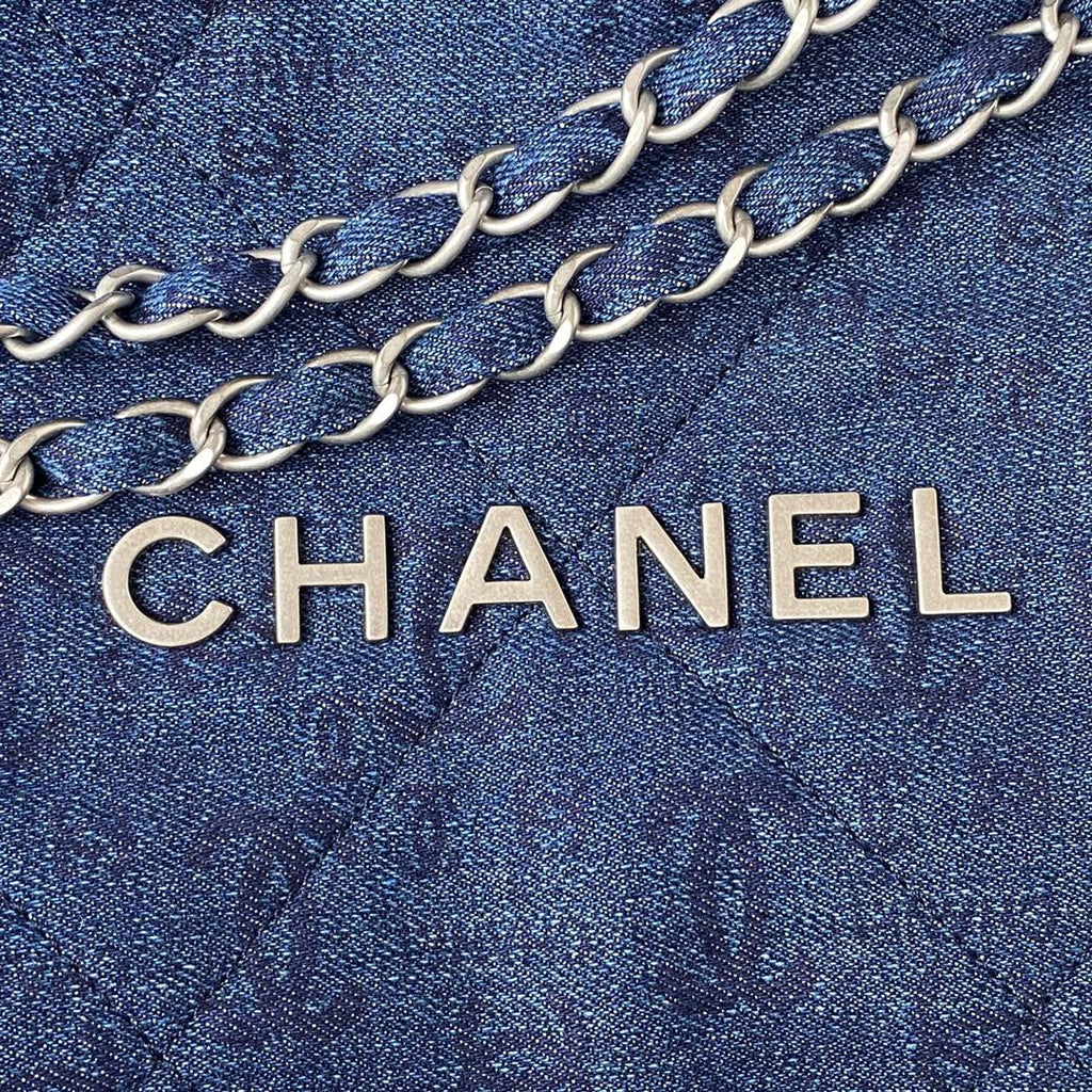 Chanel 22 Handbag Silver-Tone Metal Canvas AS3260 Blue denim
