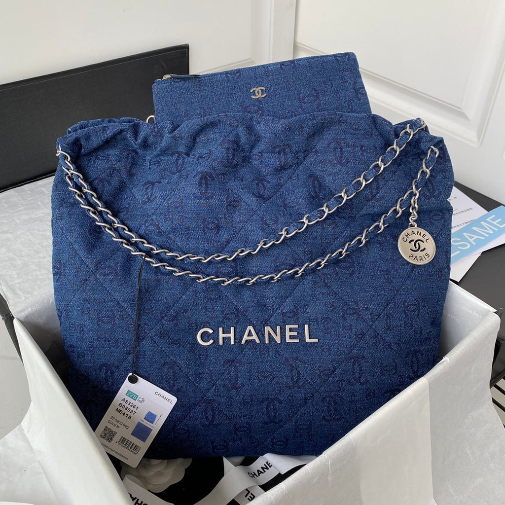 Chanel 22 Handbag Silver-Tone Metal Canvas AS3261 Blue denim