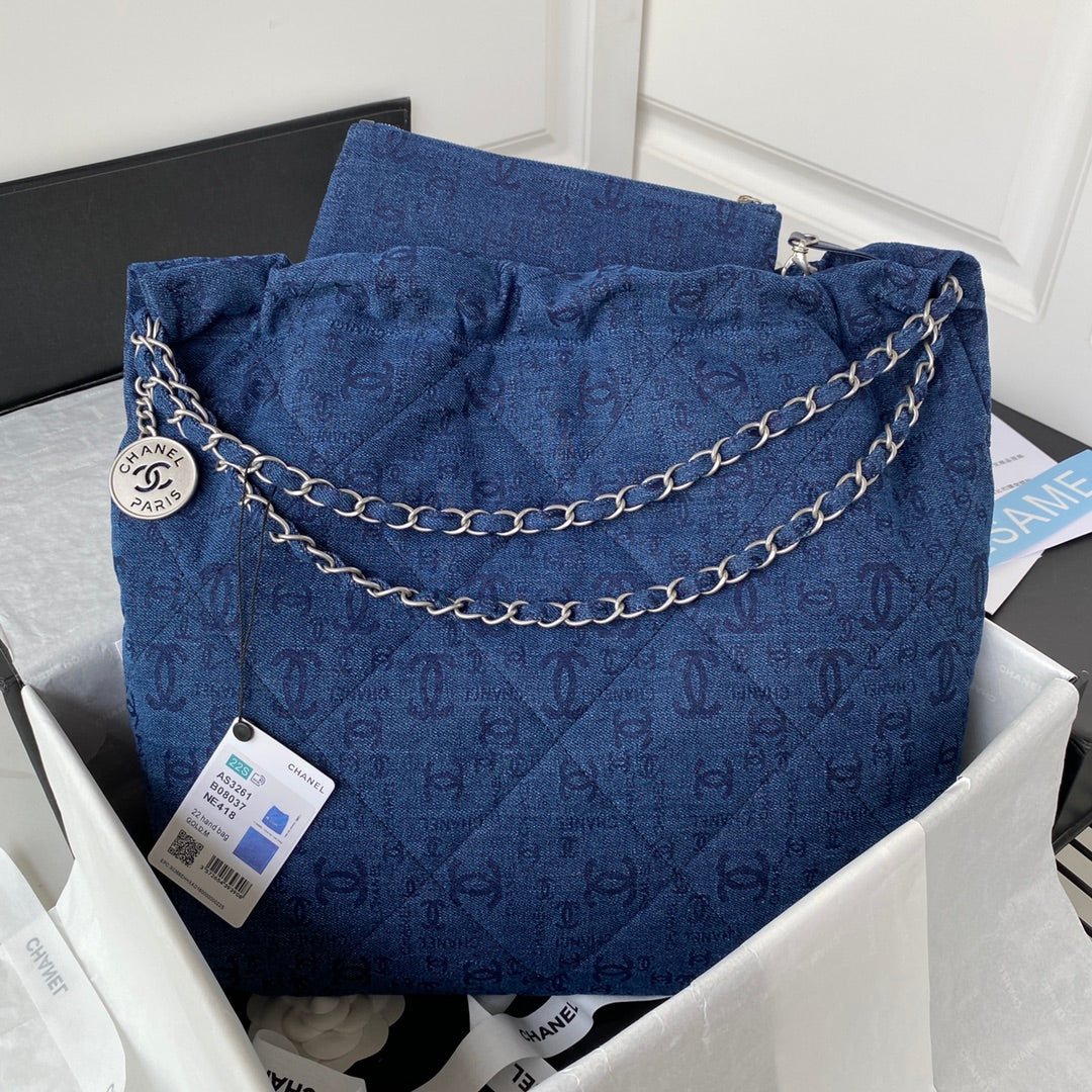 Chanel 22 Handbag Silver-Tone Metal Canvas AS3261 Blue denim - Default Title - View 1