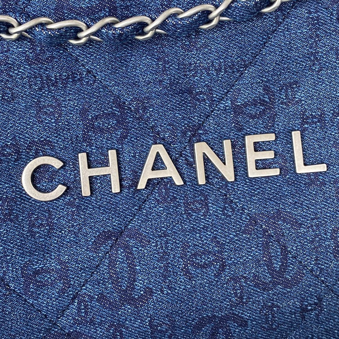 Chanel 22 Handbag Silver-Tone Metal Canvas AS3261 Blue denim