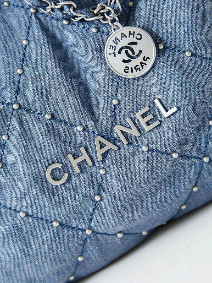 Chanel 22 Handbag Washed Denim & Silver-Tone Metal AS3261 Blue - Default Title - View 2