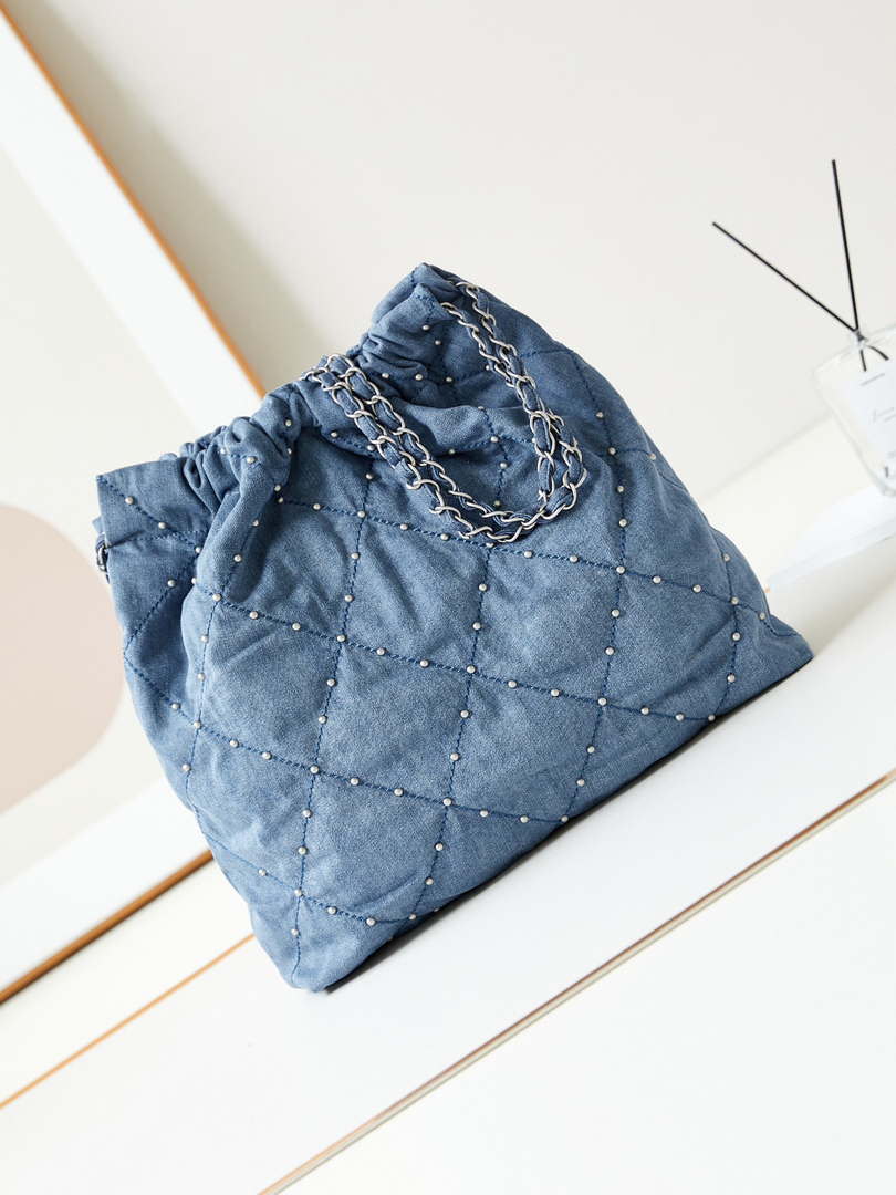 Chanel 22 Handbag Washed Denim & Silver-Tone Metal AS3261 Blue