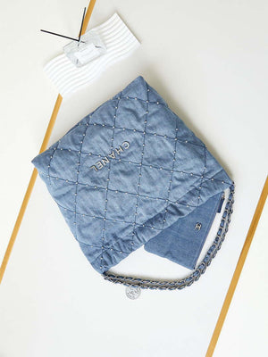 Chanel 22 Handbag Washed Denim & Silver-Tone Metal AS3261 Blue - Default Title - View 7