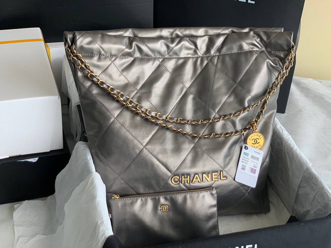 Chanel 22 Large Handbag Shiny Calfskin Gold-Tone Metal AS3262 Ruthenium - Default Title - View 2