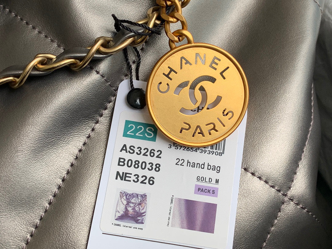 Chanel 22 Large Handbag Shiny Calfskin Gold-Tone Metal AS3262 Ruthenium - Default Title - View 4