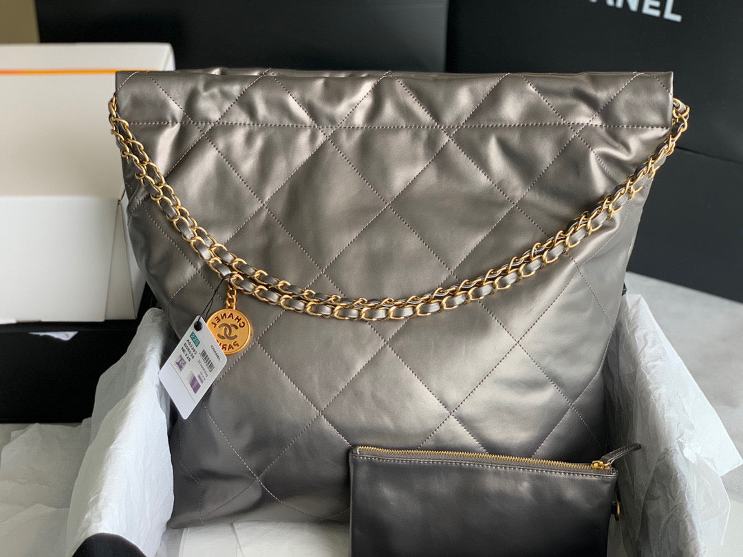 Chanel 22 Large Handbag Shiny Calfskin Gold-Tone Metal AS3262 Ruthenium - Default Title - View 5