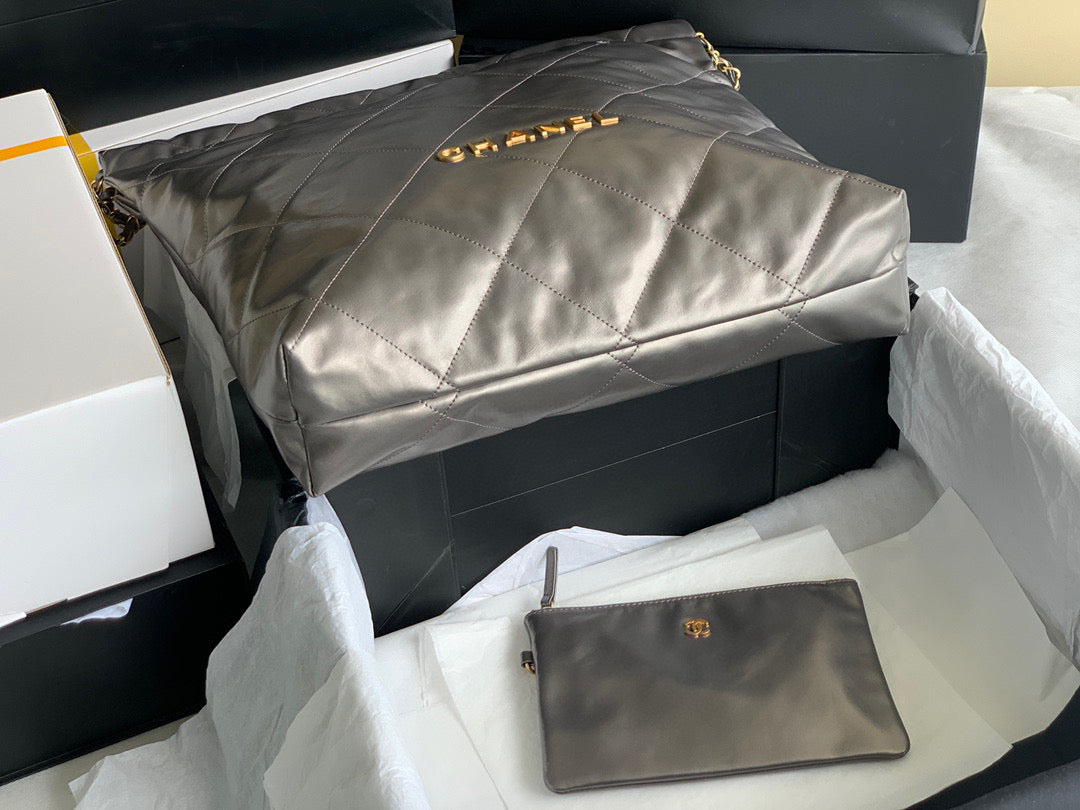 Chanel 22 Large Handbag Shiny Calfskin Gold-Tone Metal AS3262 Ruthenium - Default Title - View 6