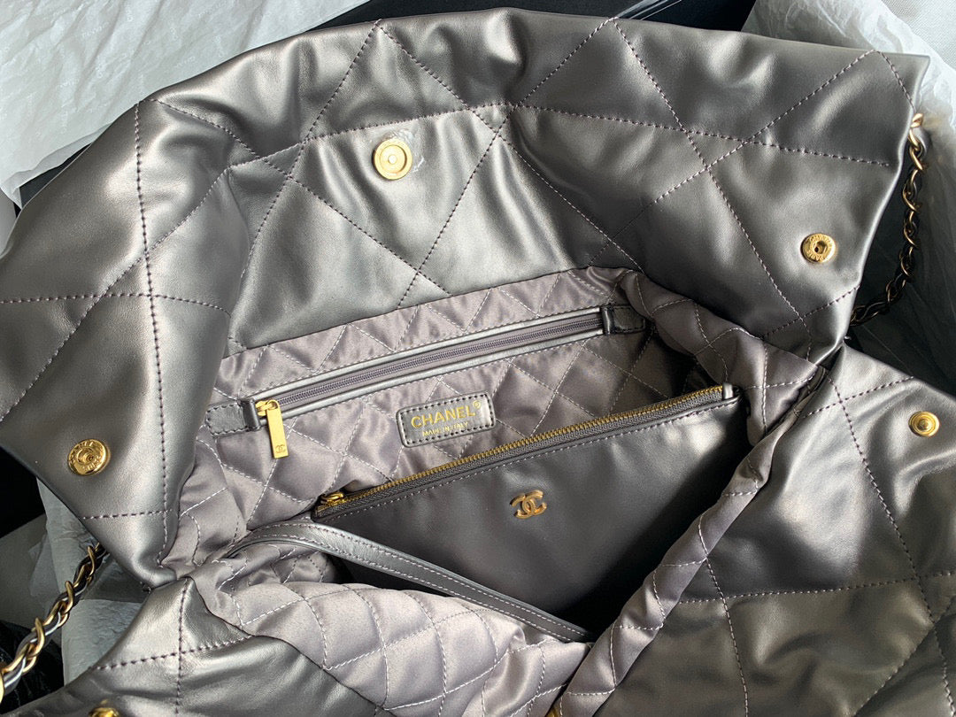 Chanel 22 Large Handbag Shiny Calfskin Gold-Tone Metal AS3262 Ruthenium