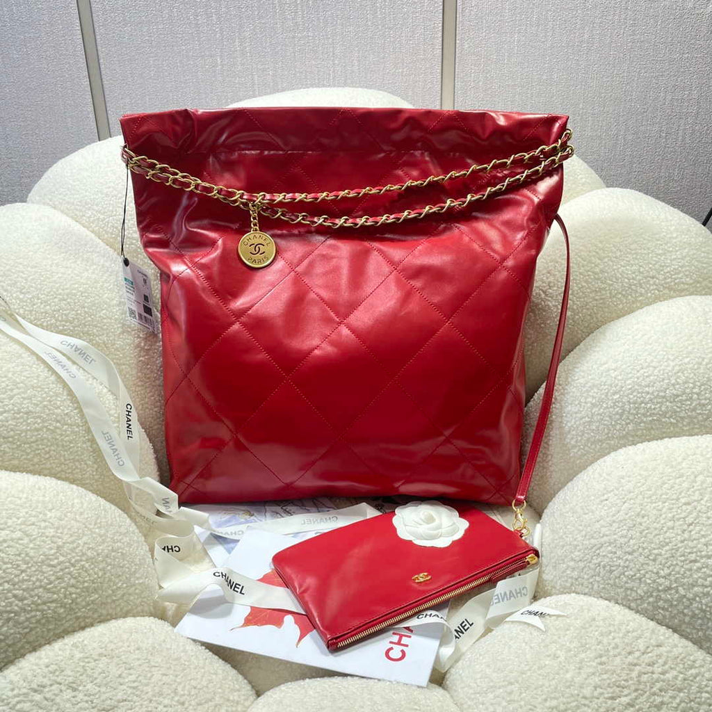 Chanel 22 Large Handbag Shiny Calfskin AS3262 Red