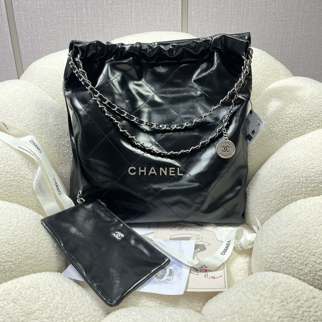 Chanel 22 Large Handbag Shiny Calfskin AS3262 Black with Silver Logo - Default Title - View 1