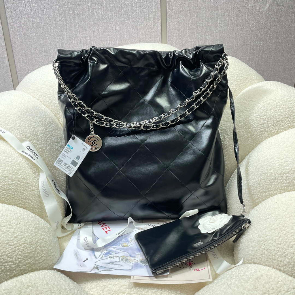 Chanel 22 Large Handbag Shiny Calfskin AS3262 Black with Silver Logo