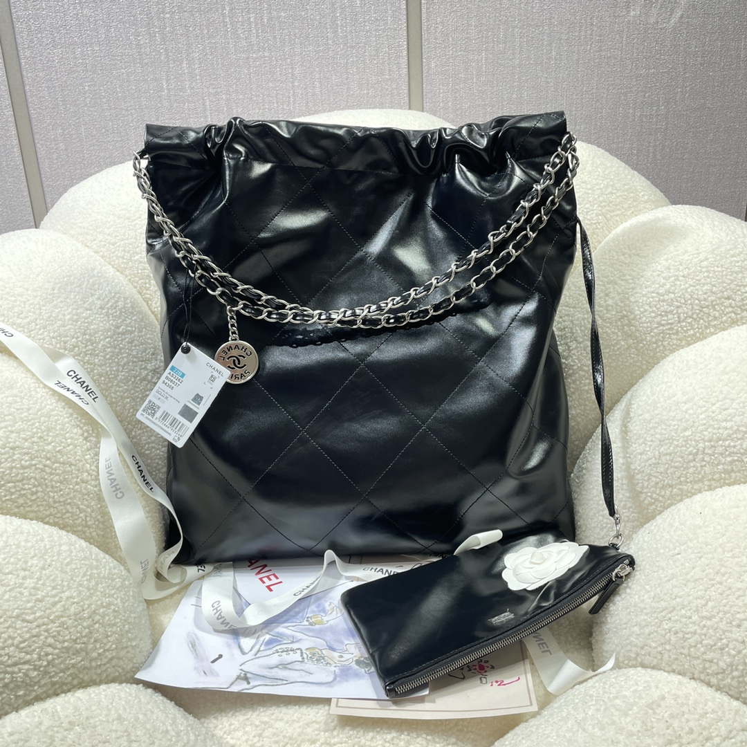 Chanel 22 Large Handbag Shiny Calfskin AS3262 Black with Silver Logo