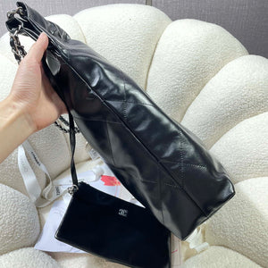 Chanel 22 Large Handbag Shiny Calfskin AS3262 Black with Silver Logo - Default Title - View 3