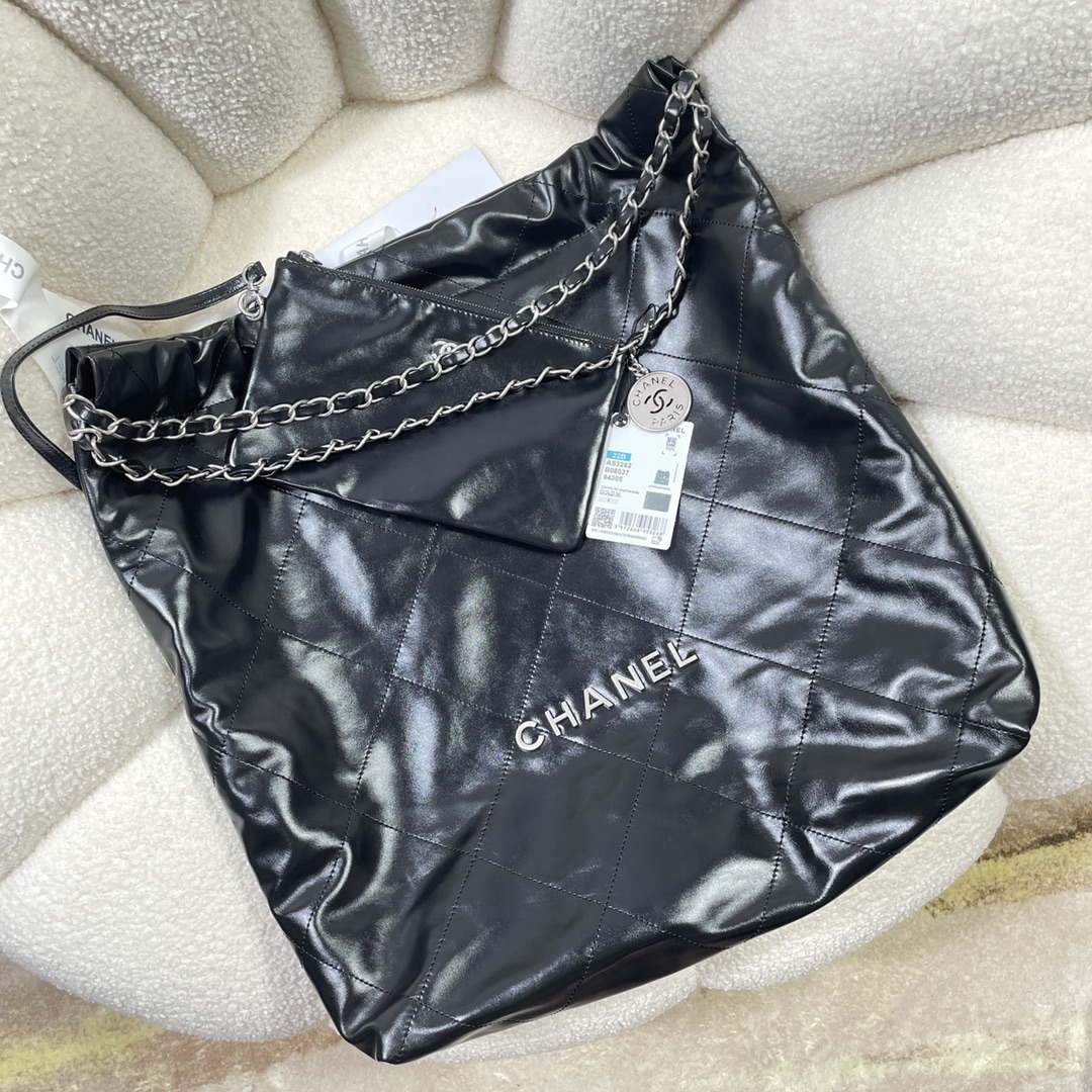 Chanel 22 Large Handbag Shiny Calfskin AS3262 Black with Silver Logo - Default Title - View 4