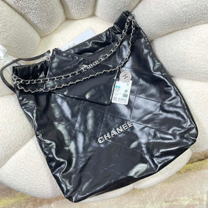 Chanel 22 Large Handbag Shiny Calfskin AS3262 Black with Silver Logo - Default Title - View 4