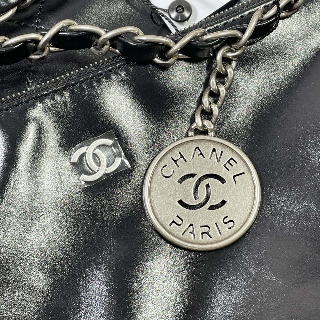 Chanel 22 Large Handbag Shiny Calfskin AS3262 Black with Silver Logo - Default Title - View 6