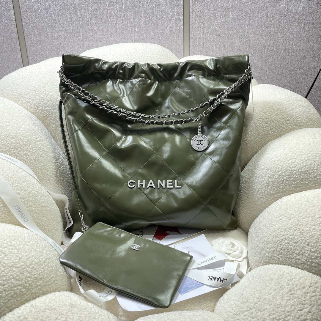 Chanel 22 Large Handbag Shiny Calfskin AS3262 Dark Green - Default Title - View 1