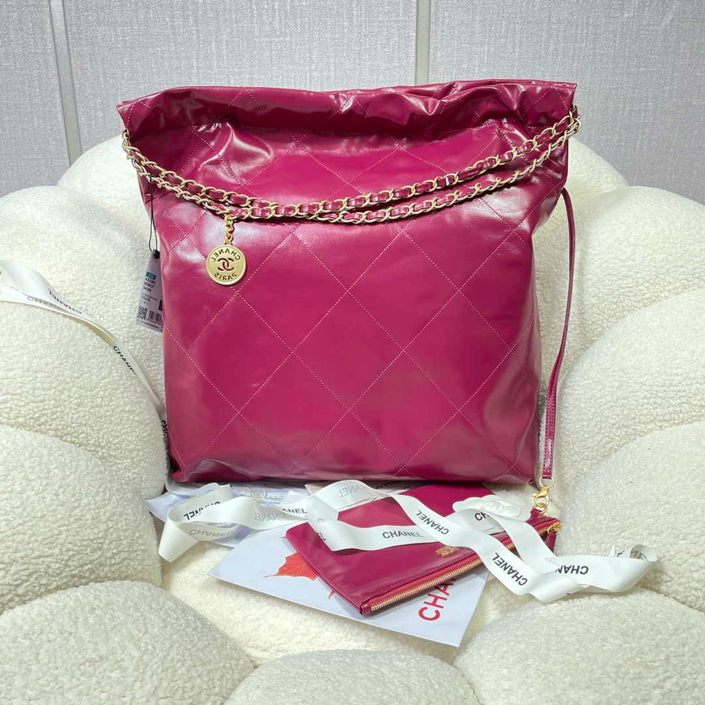 Chanel 22 Large Handbag Shiny Calfskin AS3262 Rose Red