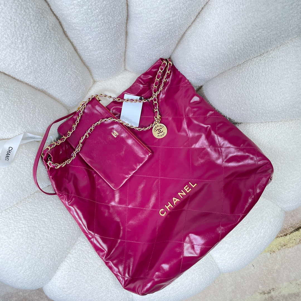 Chanel 22 Large Handbag Shiny Calfskin AS3262 Rose Red