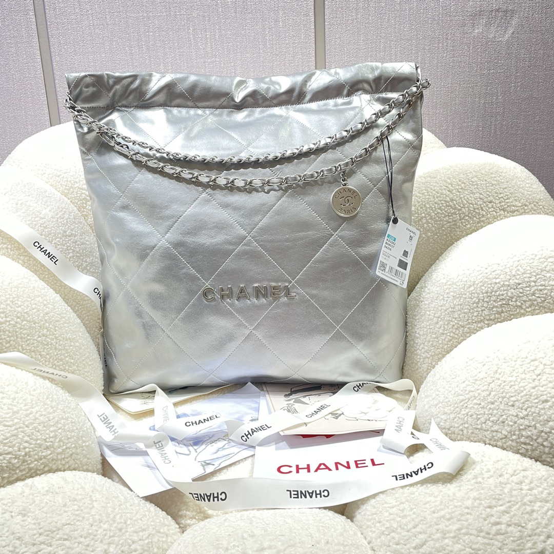 Chanel 22 Large Handbag Shiny Calfskin AS3262 Silver