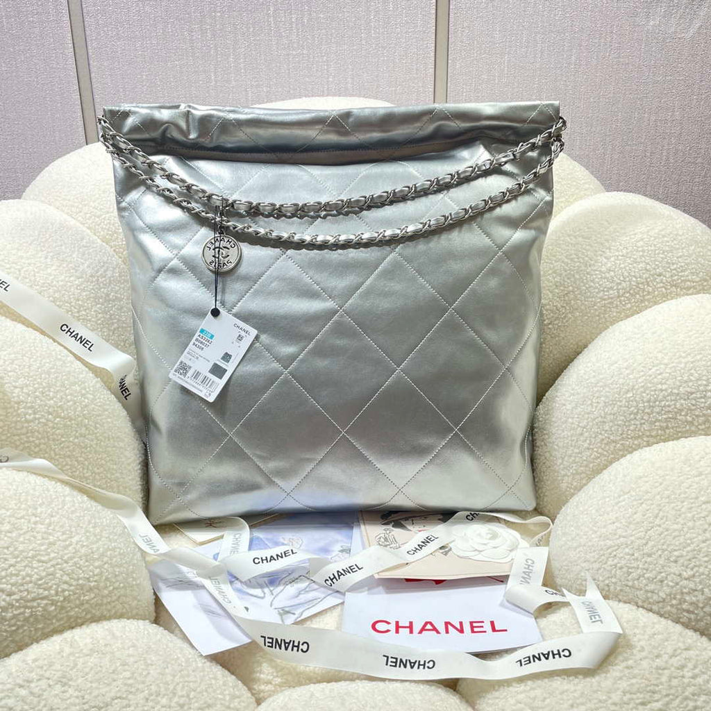 Chanel 22 Large Handbag Shiny Calfskin AS3262 Silver