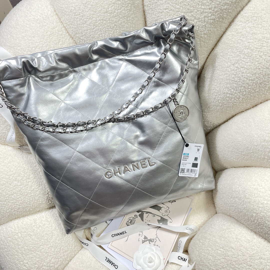 Chanel 22 Large Handbag Shiny Calfskin AS3262 Silver