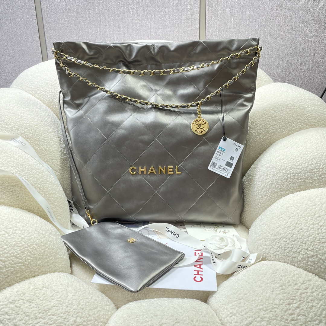 Chanel 22 Large Handbag Shiny Calfskin AS3262 Gray Silver - Default Title - View 1