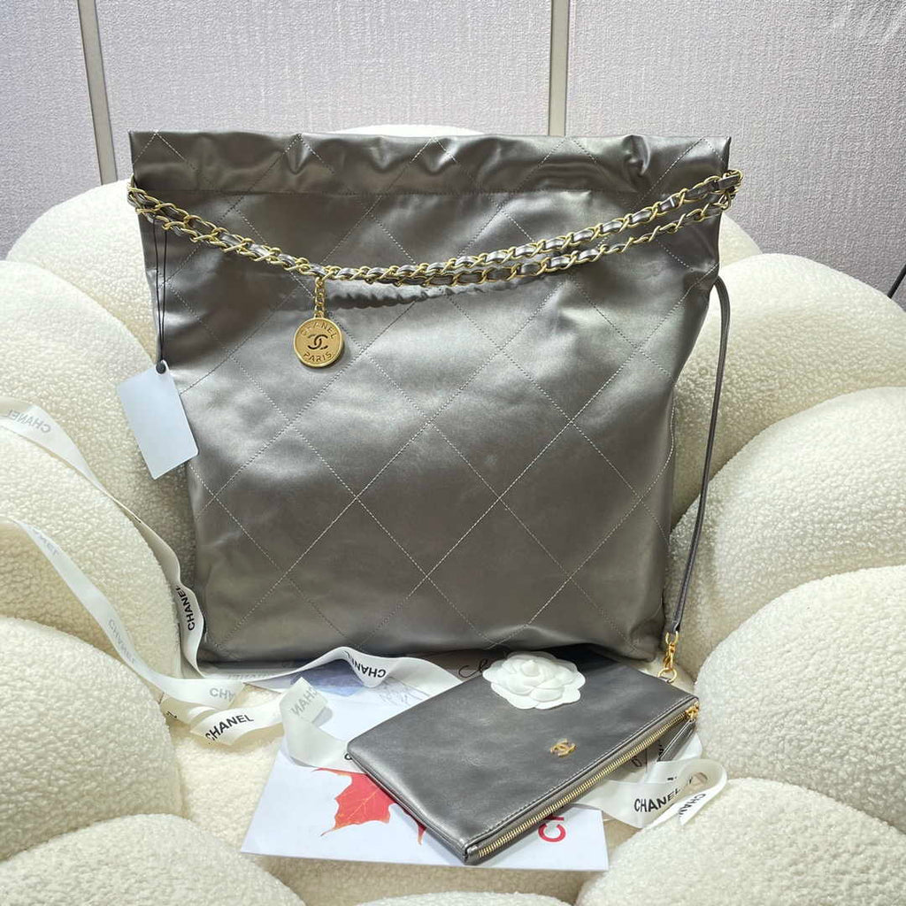 Chanel 22 Large Handbag Shiny Calfskin AS3262 Gray Silver