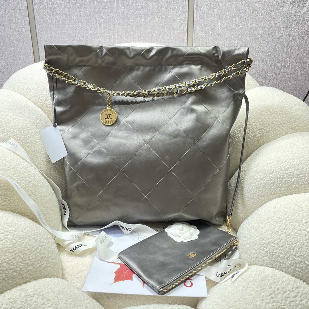 Chanel 22 Large Handbag Shiny Calfskin AS3262 Gray Silver
