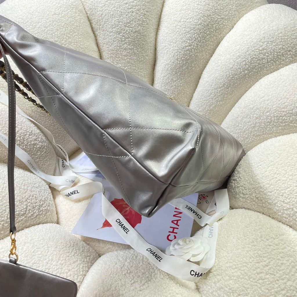 Chanel 22 Large Handbag Shiny Calfskin AS3262 Gray Silver