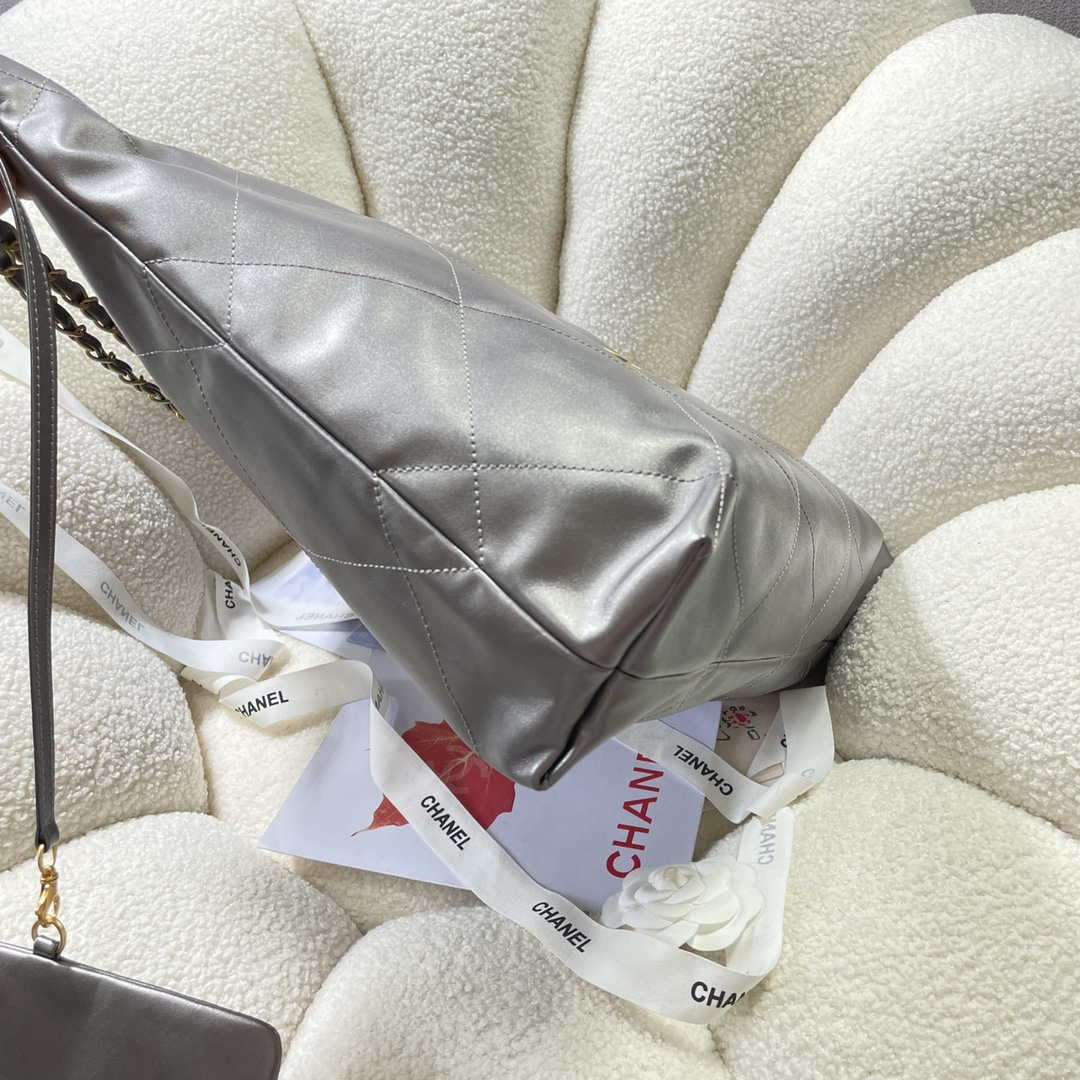 Chanel 22 Large Handbag Shiny Calfskin AS3262 Gray Silver