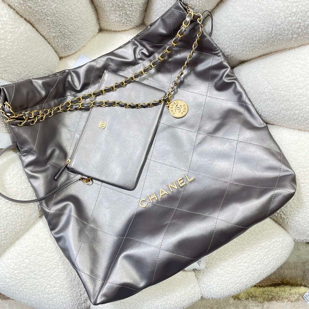 Chanel 22 Large Handbag Shiny Calfskin AS3262 Gray Silver