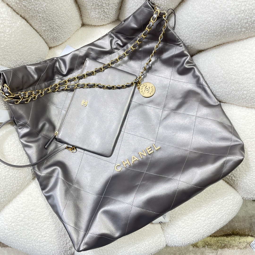 Chanel 22 Large Handbag Shiny Calfskin AS3262 Gray Silver