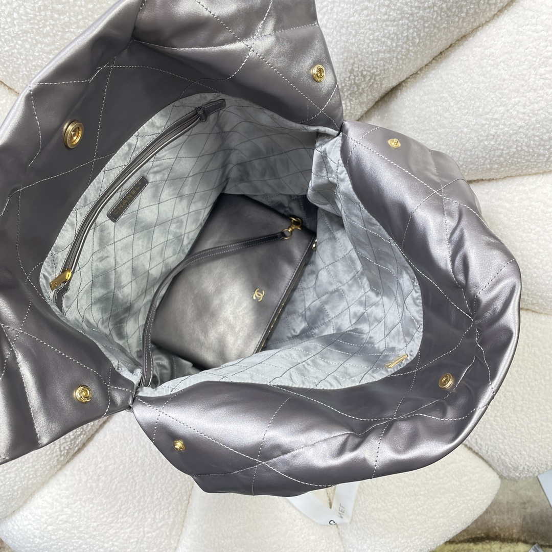 Chanel 22 Large Handbag Shiny Calfskin AS3262 Gray Silver - Default Title - View 7