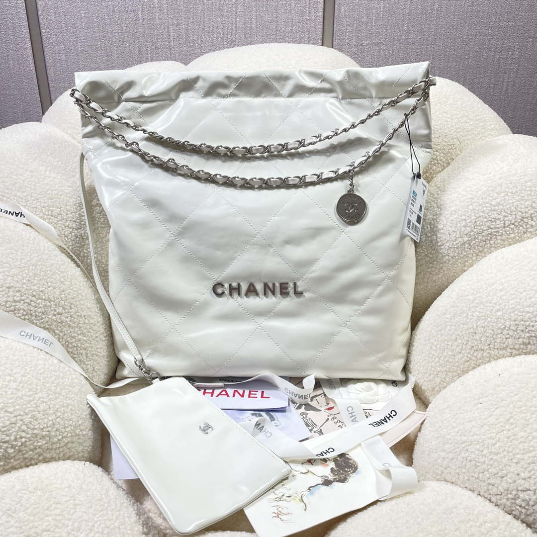 Chanel 22 Large Handbag Shiny Calfskin AS3262 White with Silver Logo - Default Title - View 1