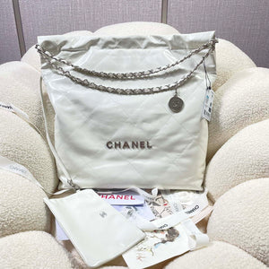 Chanel 22 Large Handbag Shiny Calfskin AS3262 White with Silver Logo - Default Title - View 1