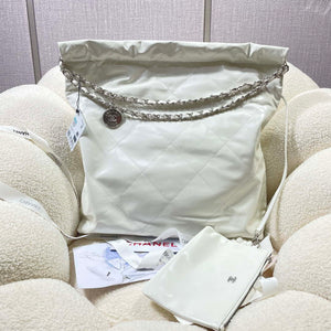 Chanel 22 Large Handbag Shiny Calfskin AS3262 White with Silver Logo - Default Title - View 2