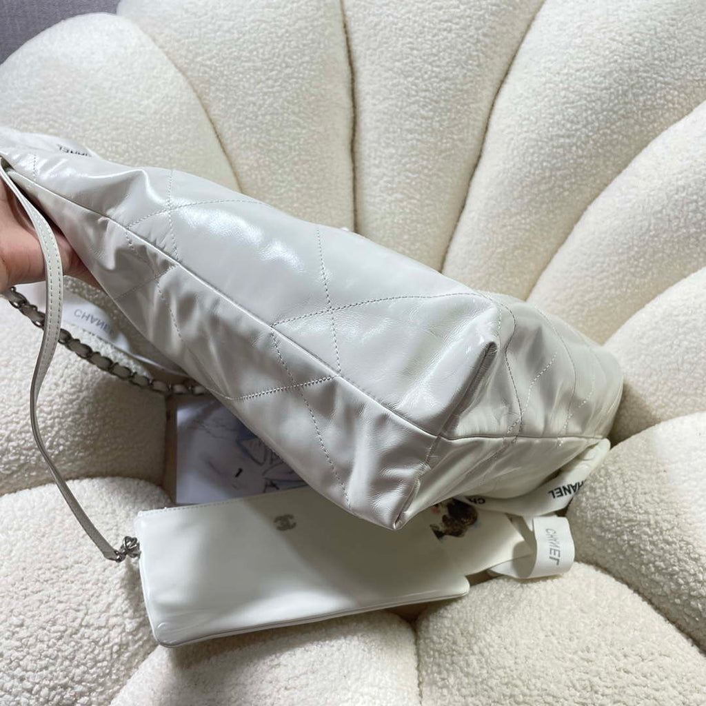Chanel 22 Large Handbag Shiny Calfskin AS3262 White with Silver Logo