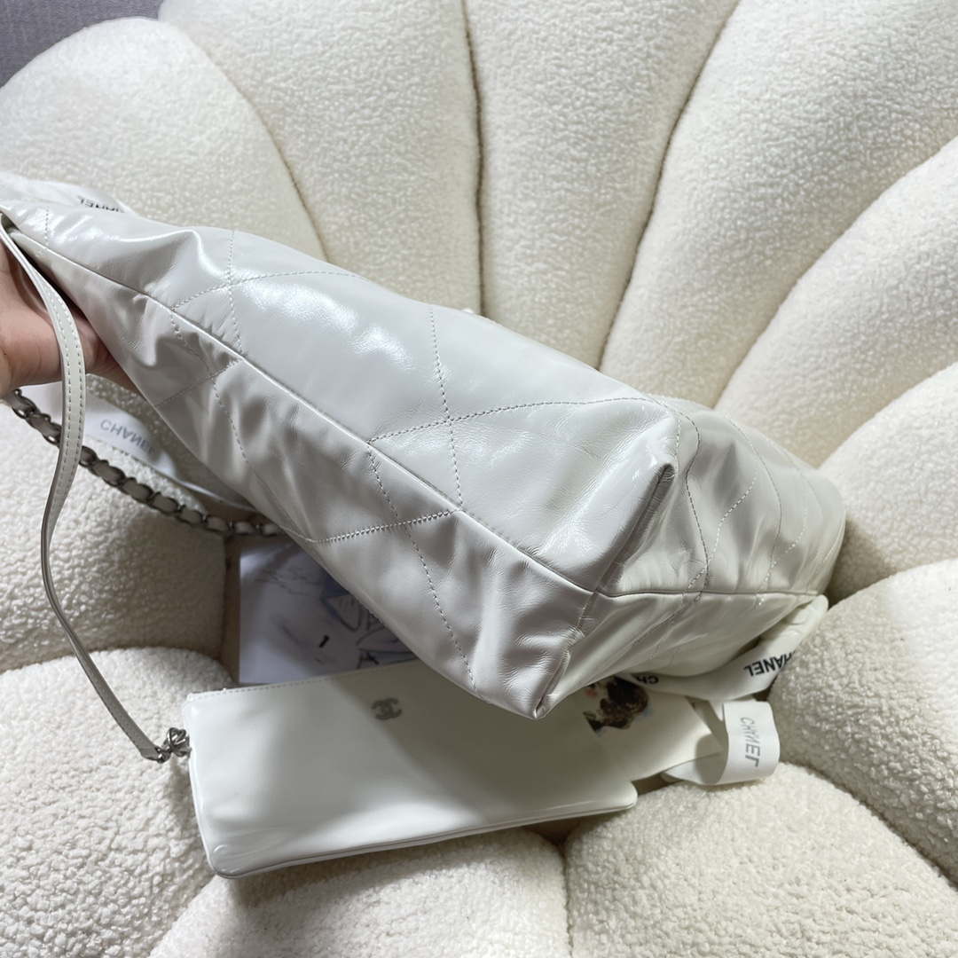 Chanel 22 Large Handbag Shiny Calfskin AS3262 White with Silver Logo - Default Title - View 3