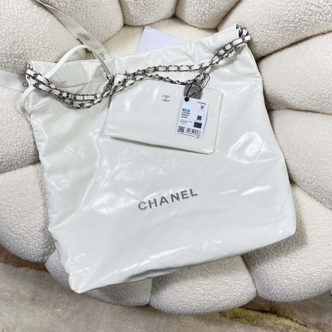 Chanel 22 Large Handbag Shiny Calfskin AS3262 White with Silver Logo - Default Title - View 4