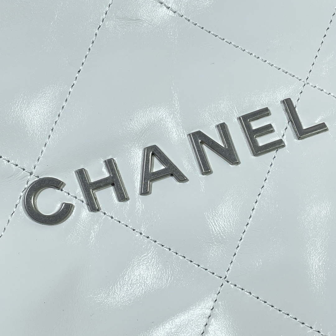 Chanel 22 Large Handbag Shiny Calfskin AS3262 White with Silver Logo - Default Title - View 5