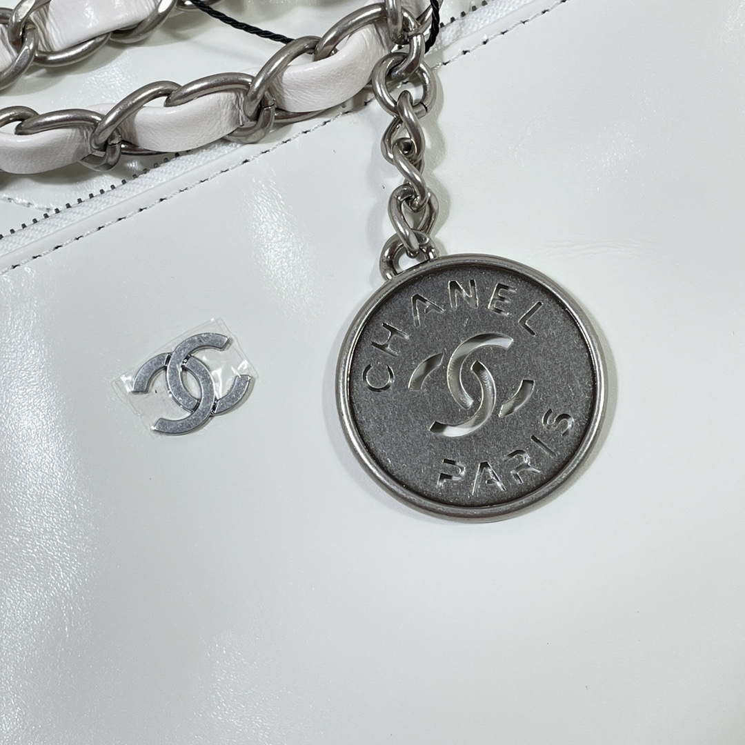 Chanel 22 Large Handbag Shiny Calfskin AS3262 White with Silver Logo - Default Title - View 6