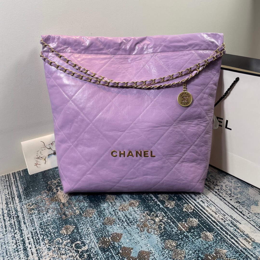 CHANEL 22 Large Handbag Shiny Calfskin Gold AS3262 Purple - Default Title - View 1