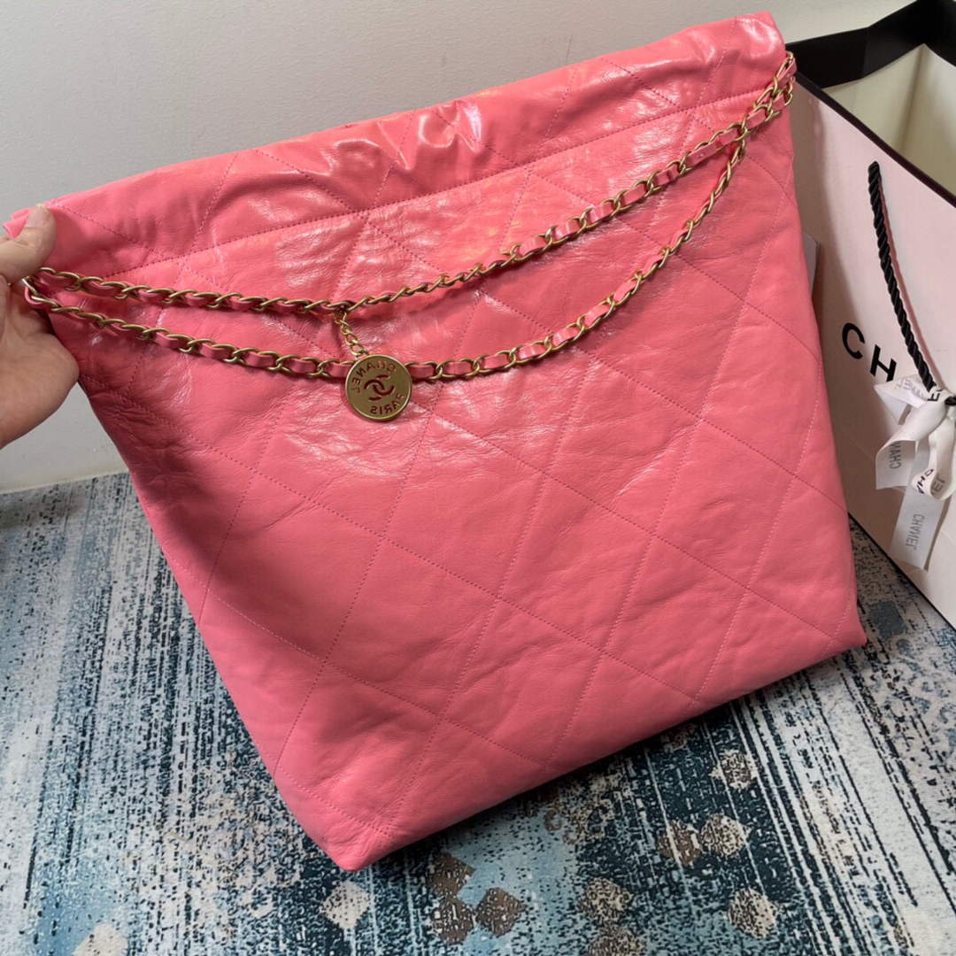 CHANEL AS3262 22 Large Handbag Shiny Calfskin Gold Pink
